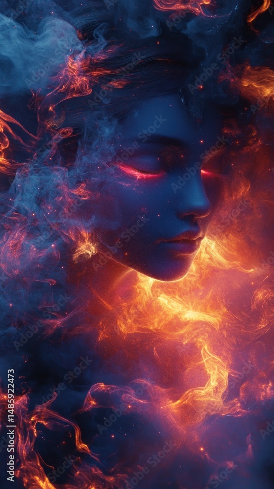 Celestial dreamscape, enigmatic figure immersed in a nebula of cosmic colors Celestial dreamscape, enigmatic figure immersed in a nebula of cosmic colors