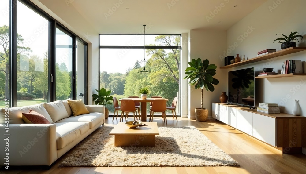 Naklejka premium Open-plan living, natural light, essential items, scandi, light