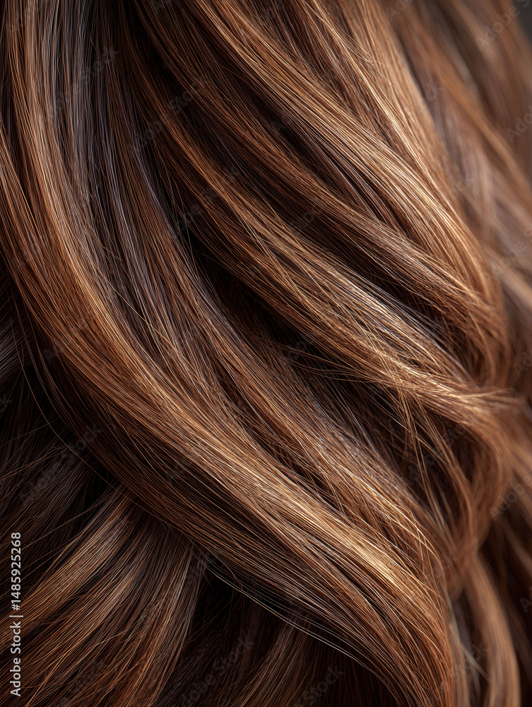 Fototapeta premium A close up of a woman's long brown hair with a lot of texture. The hair appears to be curly and has a lot of volume, giving it a natural and voluminous look