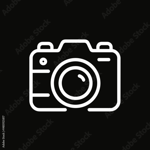 Travel icon of a camera, simple white line drawing on black background, minimalist design