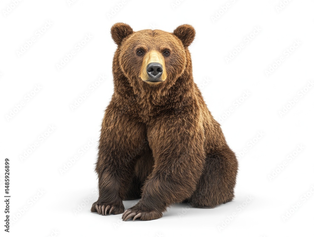 Fototapeta premium Brown bear, seated, facing forward. Detailed fur, sharp claws, alert expression