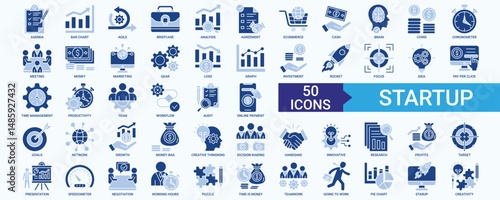 Startup icon collection set with agenda, bar chart, agile, analysis, agreement	
