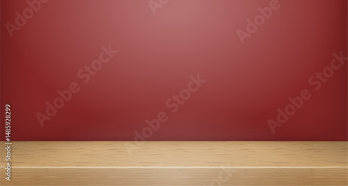 Vector Wooden Top Studio Room Scene Backdrop Mockup. Limbo Abstract 3d Product Presentation Background. Wall Shelf Minimalistic Promo Showcase Display Shelf Tabletop. Clear Podium Stage Template