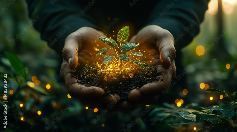 Fototapeta premium Two human hands gently cradle a glowing seedling emerging from rich soil, surrounded by golden light in a dark setting. This conceptual image symbolizes hope, stewardship