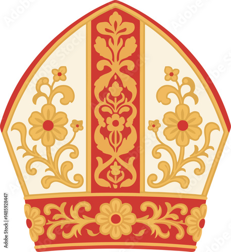 Ornate Vector Papal Mitre with Gold Floral Embroidery – Traditional Catholic Bishop Hat Clipart on White Background