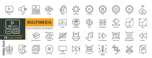 Minimalist Multimedia line icons set with editable stroke, featuring video, audio, bitrate, motion graphics, timeline, import, color grading, dvd player, pause, loop, music, fast forward illustration.