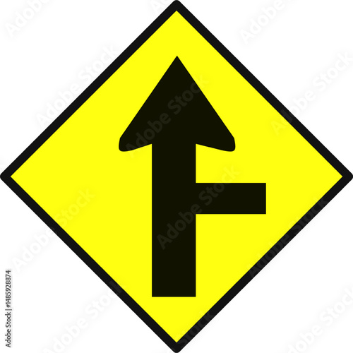 Traffic sign showing side road enters from right, yellow diamond shape. Used in road safety and traffic control to warn of merging traffic.
