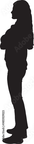 vector silhouette side view young girl standing, arms crossed