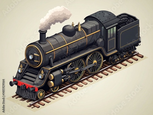Steam locomotive journey vintage railroad isometric illustration industrial design side view nostalgic concept