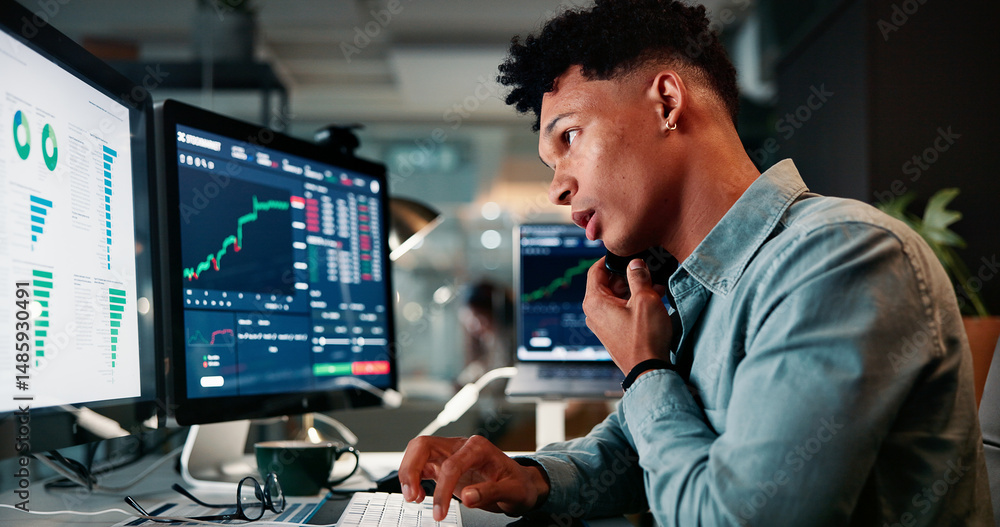 Phone call, man and trader by computer screen in office with at night for client investment account. Technology, communication and male financial analyst with stock market risk analysis in workplace. Phone call, man and trader by computer screen in office with at night for client investment account. Technology, communication and male financial analyst with stock market risk analysis in workplace.