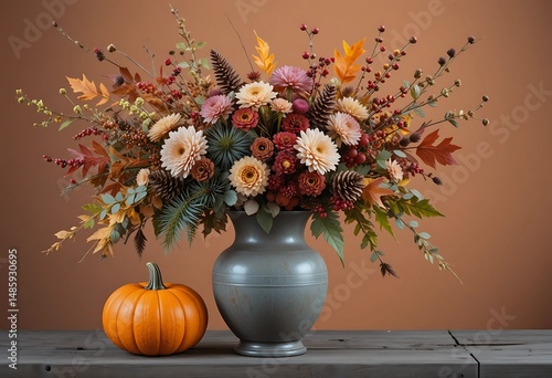 Wallpaper Mural autumn still life. Autumn bouquet of bright flowers and pumpkin  in rustic vase. Beautiful floral decor for thanksgiving and halloween. Cozy home atmosphere, fall decor. Torontodigital.ca