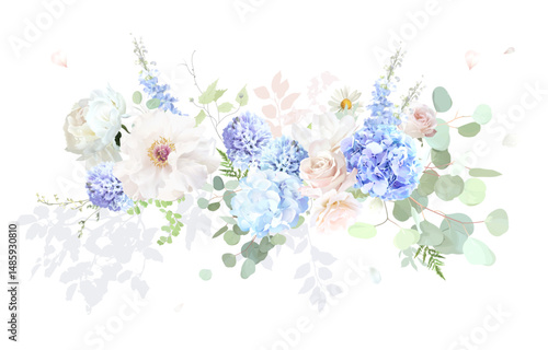 Bridgerton inspired pastel floral vector design bouquet. Blue delphinium, white peony, daisy, magnolia, pink rose, hydrangea, greenery and plants. All flowers and branches are isolated and movable.