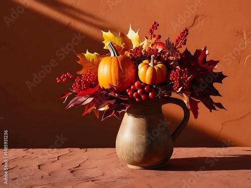 autumn still life. still life with pumpkins. autumn still life. Autumn bouquet of bright flowers and pumpkin  in rustic vase. Beautiful floral decor for thanksgiving and halloween. Cozy home atmospher