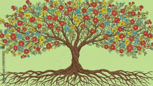 Colorful illustration of a tree with flowers.