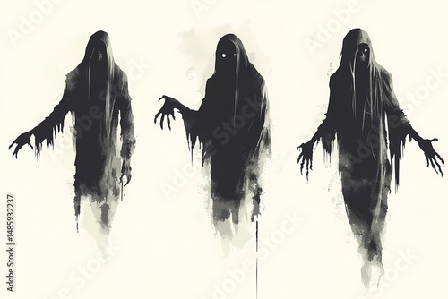 Three dark figures against pale backdrop