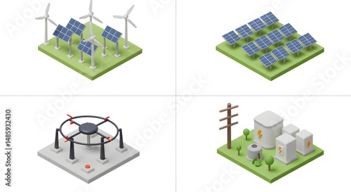 Isometric Energy Sources Collage Wind Solar Geothermal Power Grid Designs