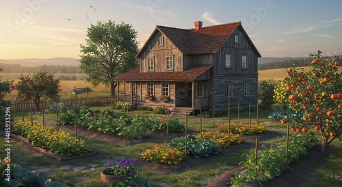 House with Garden Plants, Vegetables, Fruit Trees and Fence