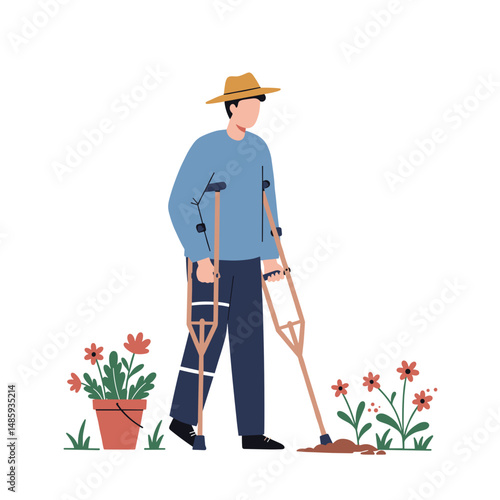 Man using crutches while gardening among flowers in the backyard  . Minimalistic vector illustration on the theme of inclusive lifestyle. Flat style, soft colors, white background.
