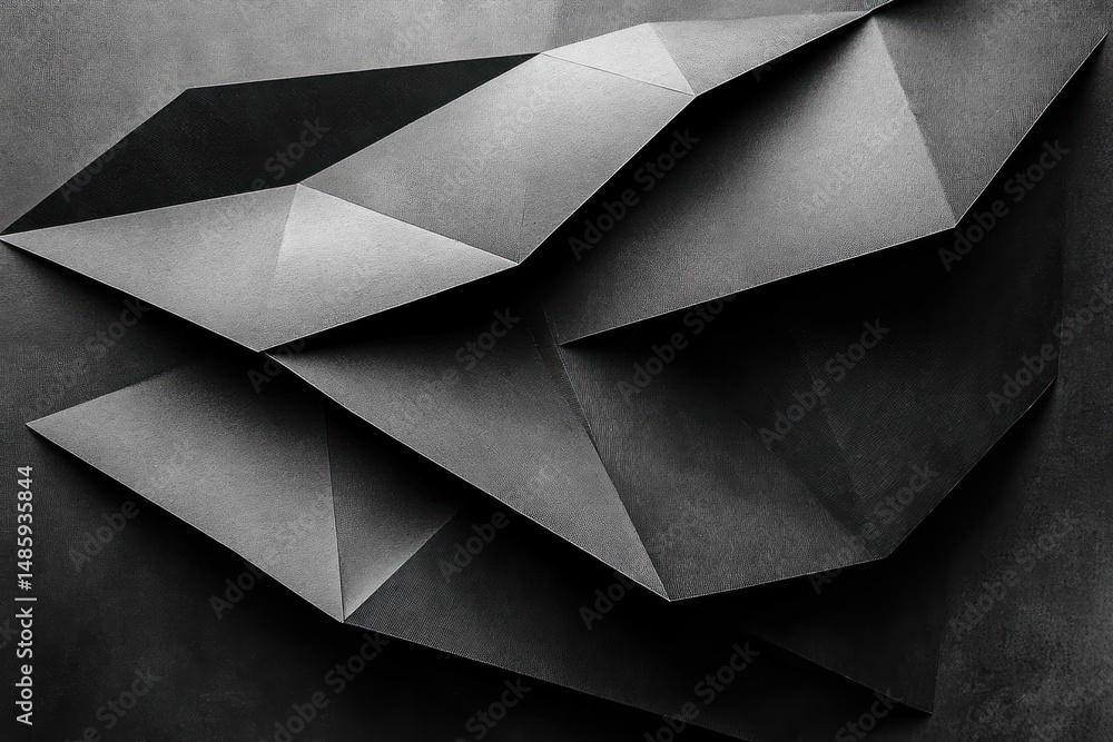 Abstract composition of layered black paper folded into sharp geometric shapes creating a dynamic, angular visual with contrasting light and shadows