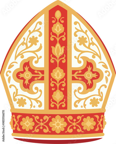 Catholic Papal Mitre Vector with Ornate Gold Cross and Floral Embroidery – Traditional Bishop Hat Clipart for Religious Use