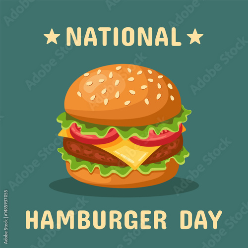 Bright cartoon-style cheeseburger with lettuce, tomato, cheese, and sesame bun on a dark background. Includes "National Hamburger Day" text. Tasty, appetizing and festive food design. Vector burger.