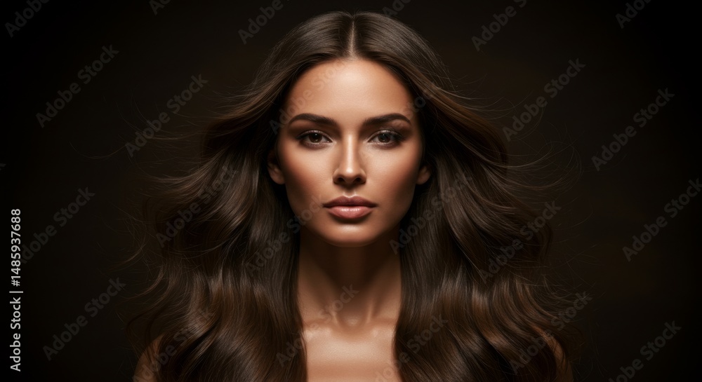 Fototapeta premium Elegant portrait of woman with long flowing hair on dark background for beauty and fashion design