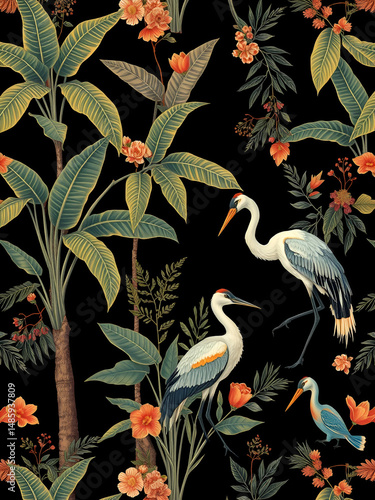 Vintage garden tree, banana tree, birds, crane floral seamless pattern black background. Exotic chinoiserie wallpaper.