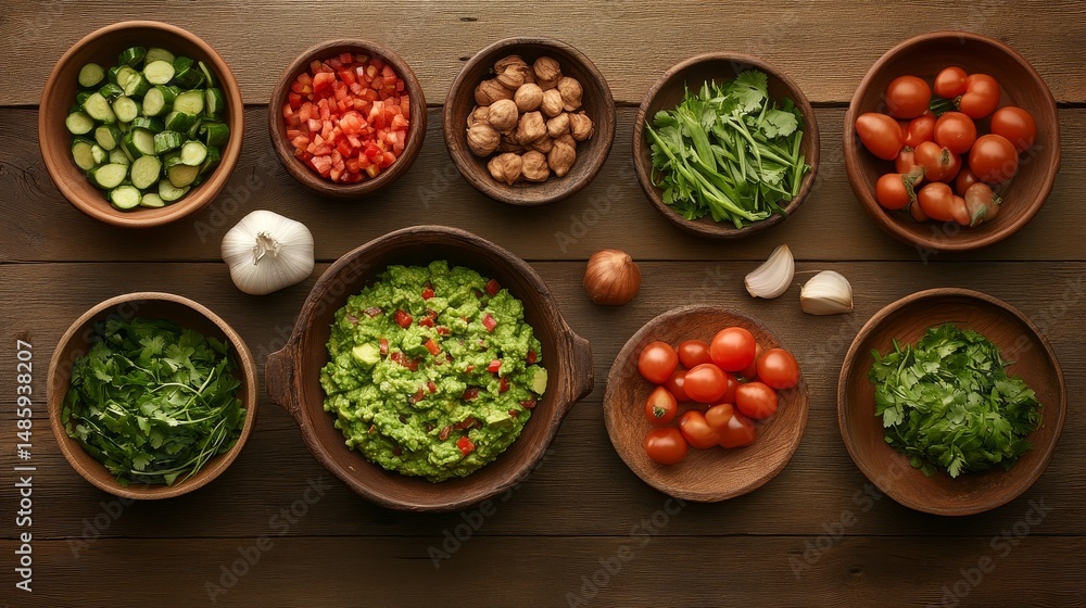 Creamy guacamole dip with fresh avocado colorful ingredients rustic kitchen top-down view for flavorful appetizer Creamy guacamole dip with fresh avocado colorful ingredients rustic kitchen top-down view for flavorful appetizer