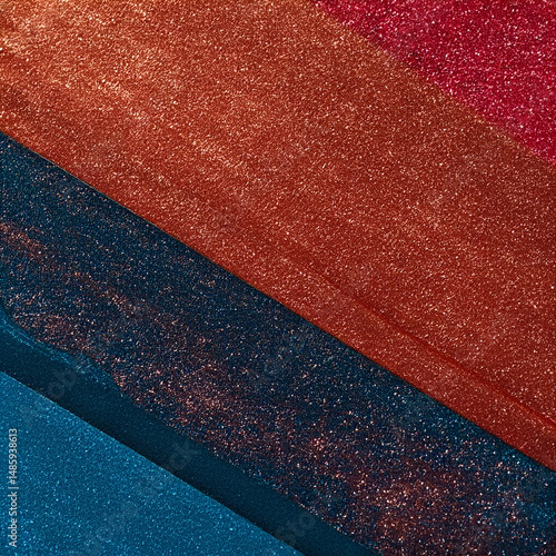 Abstract Glittery Background with Diagonal Stripes of Teal Blue Dark Blue Red and Copper