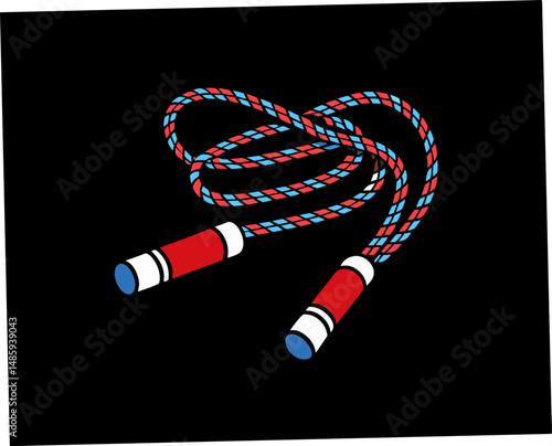 Jump rope with red handles and blue accents on black background  
