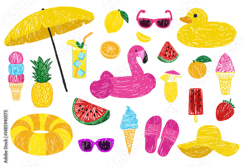 Summer beach. Inflatable circle, ice cream, fruit, cocktail, beach umbrella. Pastel drawings. Vector illustrations with pastel texture