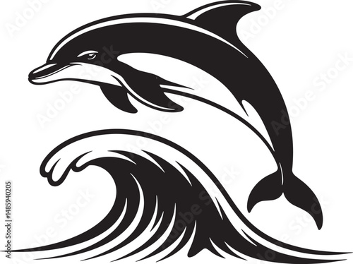 Vector illustration of a graceful dolphin leaping over an ocean wave in black and white