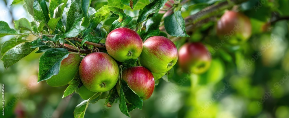 The vibrant apples hanging on a tree branch in a lush orchard. The vibrant apples hanging on a tree branch in a lush orchard.