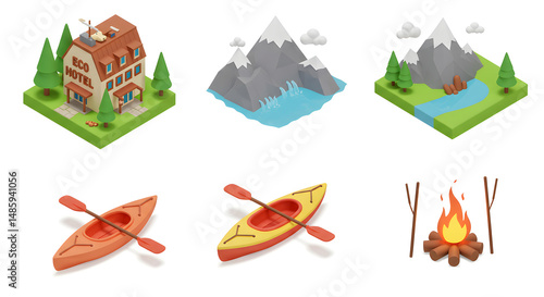 Isometric Eco Hotel, Kayaks, Mountains, and Campfire Illustration for Outdoor Adventure
