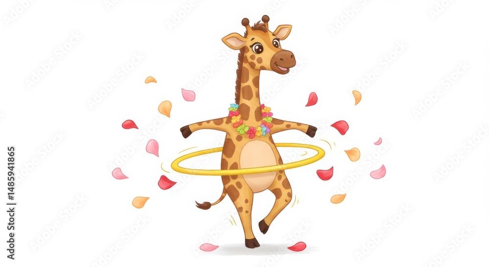 Obraz premium Adorable giraffe hula hooping with floral necklace amid falling petals