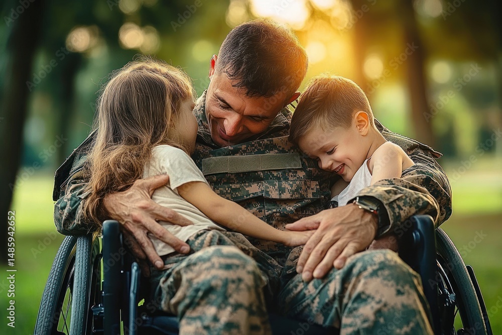 Smiling soldier in camouflage uniform sitting in wheelchair outdoors, warmly embracing two young children with love and happiness in a sunny park Smiling soldier in camouflage uniform sitting in wheelchair outdoors, warmly embracing two young children with love and happiness in a sunny park