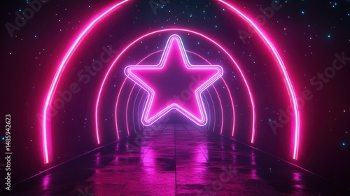 Futuristic glowing neon pink star at the center of illuminated tunnel with reflective floor and scattered blue light spots