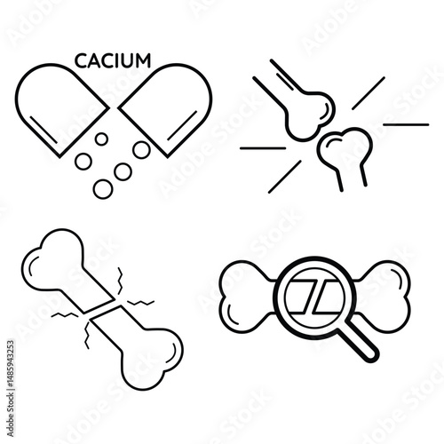 Bones joint icon set with calcium supplement, fracture, impact, pain and x-ray inspection in orthopedic medical vector illustration concept.