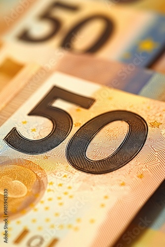 Close-up of two overlapping fifty euro banknotes showing detailed patterns and large denomination numbers with warm lighting