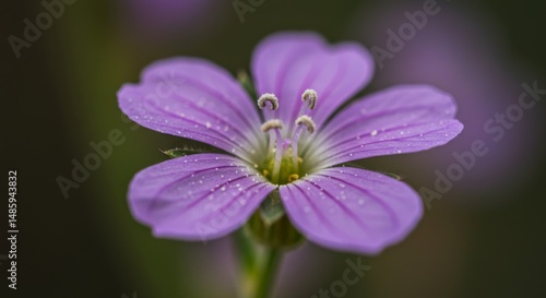 Close-up of a purple flower with dew drops in a natural setting for botanical study and decoration