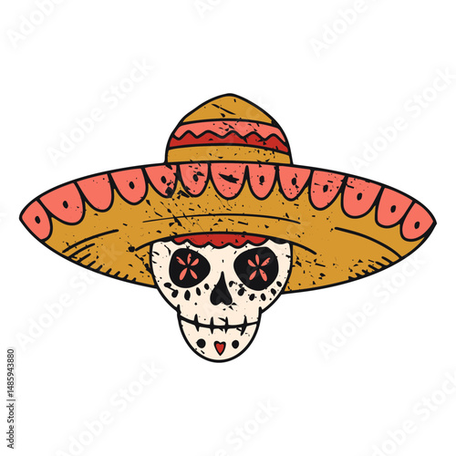 Sugar skull with hat color-stroke