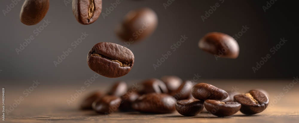 Fototapeta premium The falling coffee beans capturing the essence of aromatic brewing.