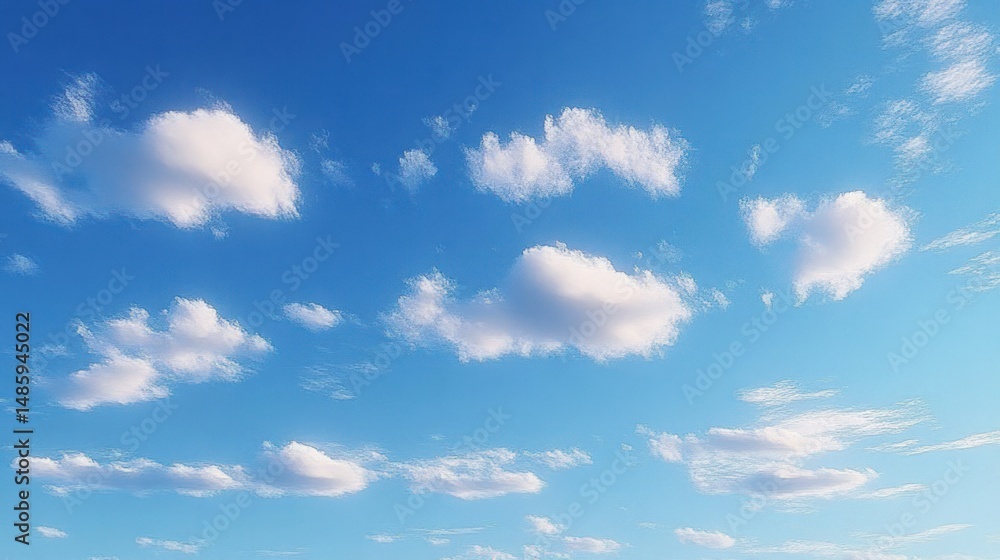 Fototapeta premium Bright blue sky filled with scattered soft white clouds on a clear sunny day