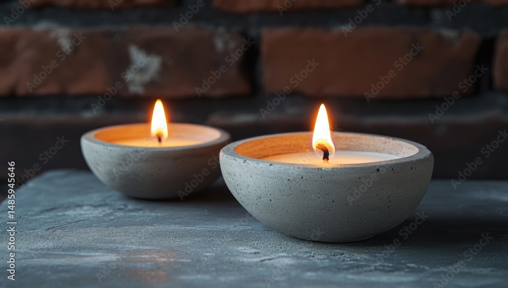Two gray concrete candle bowls with flames Two gray concrete candle bowls with flames