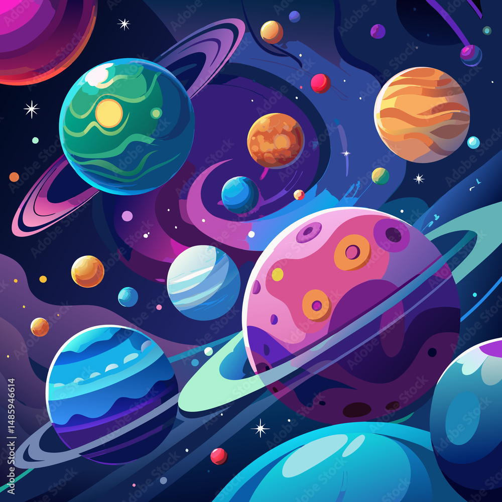 Colorful planets and stars in a vibrant cosmic scene. A plethora of planets of various sizes and colors orbit in a swirling nebula Colorful planets and stars in a vibrant cosmic scene. A plethora of planets of various sizes and colors orbit in a swirling nebula