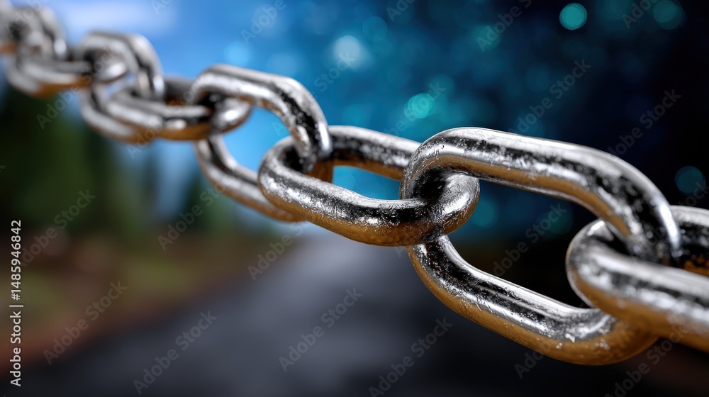 Fototapeta premium Silver Chain Links on Dark Background with Blurred Road Ahead