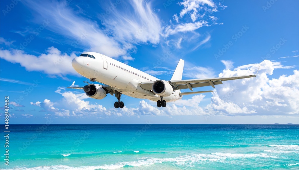 Naklejka premium Airplane in the sky, realistic 3D model of plane flying in the sky, tourism and air travel background