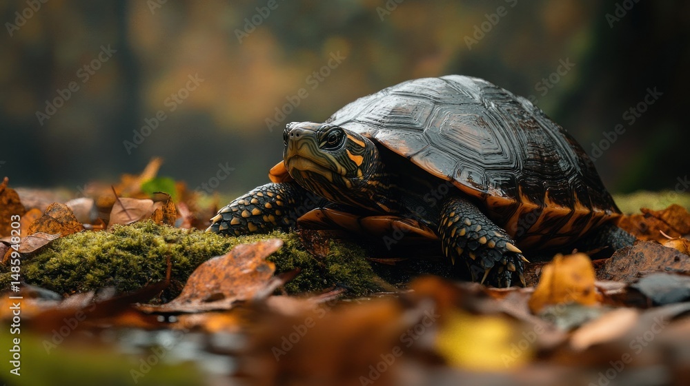 Fototapeta premium The endangered Swamp Turtle hides among the wet moss and fallen leaves, background wallpaper AI generated image