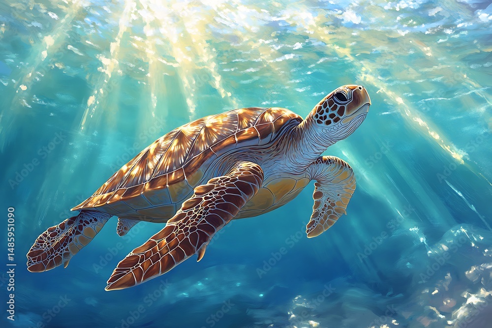 Obraz premium A graceful sea turtle gliding through clear blue water, with sunbeams piercing the ocean surface above. -