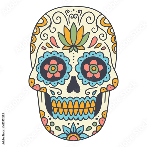 Colorful sugar skull with lotus flower